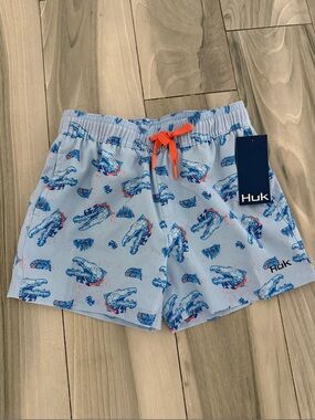 Huk Light Blue Allover Gator Swim Shorts with Orange Drawstring
